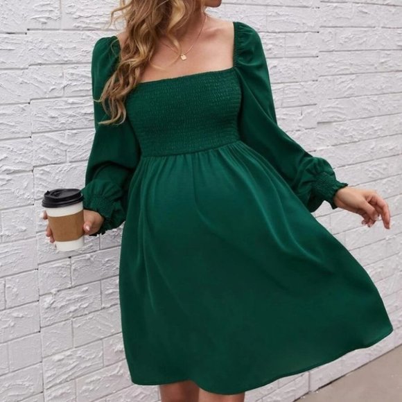 . Dresses & Skirts - MaternityShirred Bodice Square Neck Lantern long Sleeved Dress green